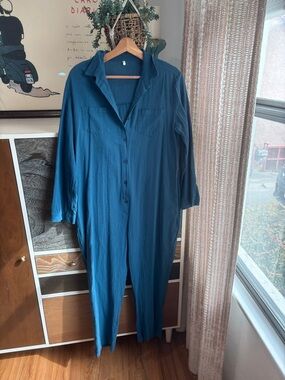 Long Teal Button-Front Jumpsuit